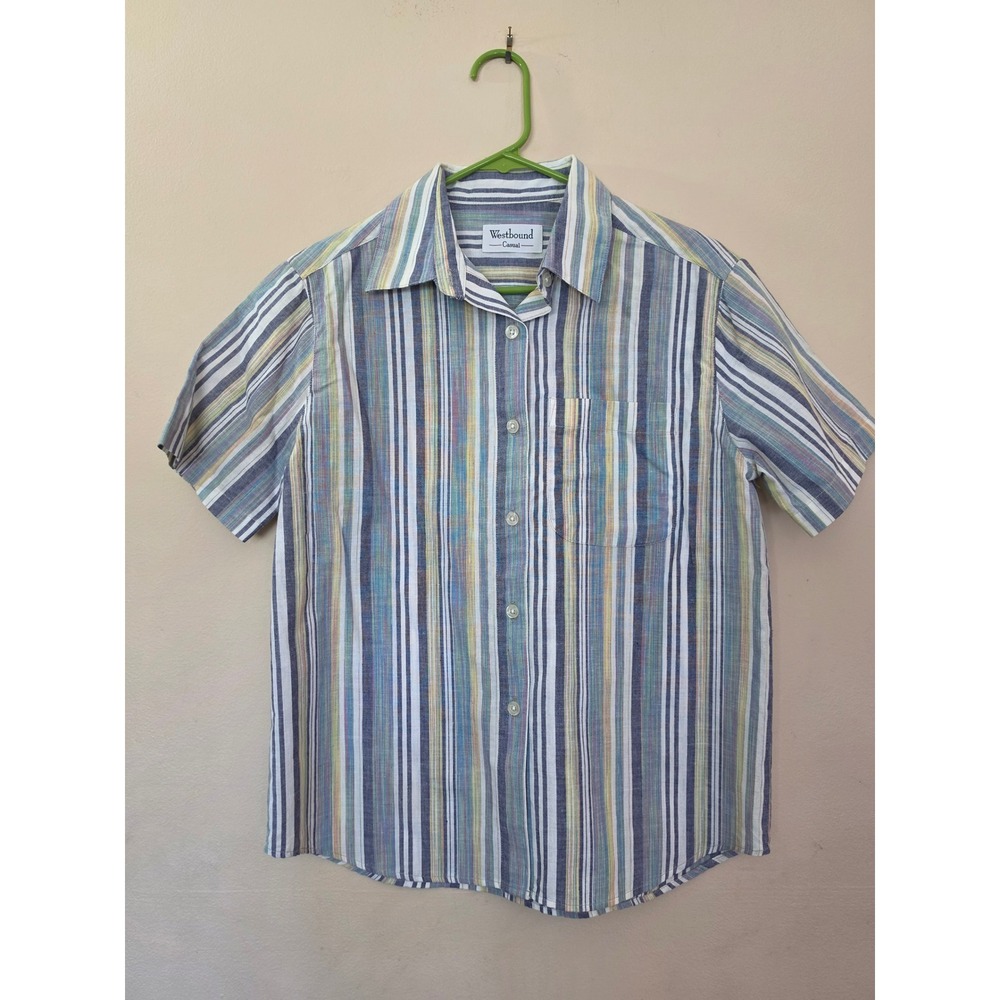 Westbound Casual Womens Small Striped Cotton Short Sleeve Button Down Shirt Blue